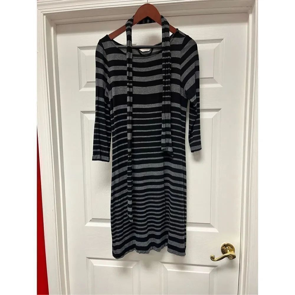 Soma Black & Gray Stripe Belted Slinky Long Sleeve Jersey Dress sz L EUC